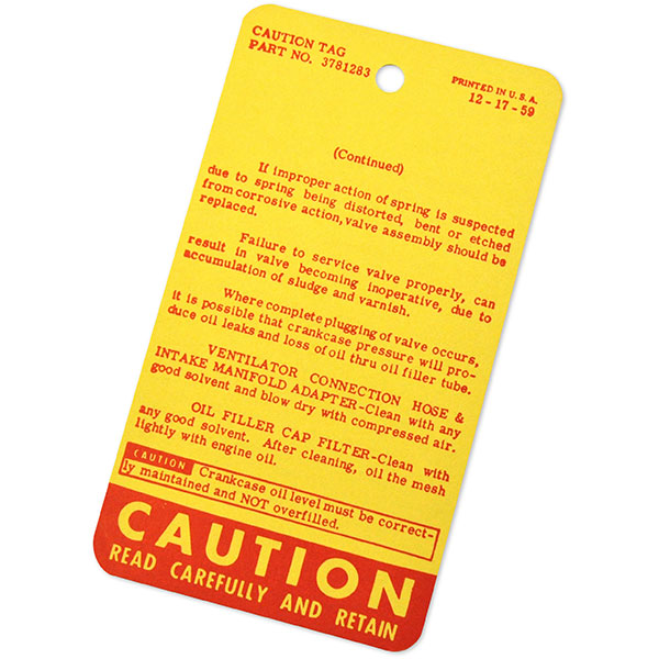 1964 Chevrolet Impala/Caprice/Bel Air CRANKCASE VENT INSTRUCTION TAG 3781283 EACH | DC0559