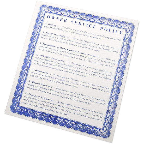 1956 Chevrolet Impala/Caprice/Bel Air CHEVROLET OWNERS SERVICE POLICY GSD 13 EACH | DC0080