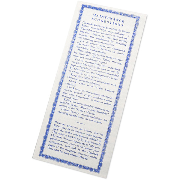 1956 Chevrolet Impala/Caprice/Bel Air CHEVROLET OWNERS SERVICE POLICY GSD 13 EACH | DC0080