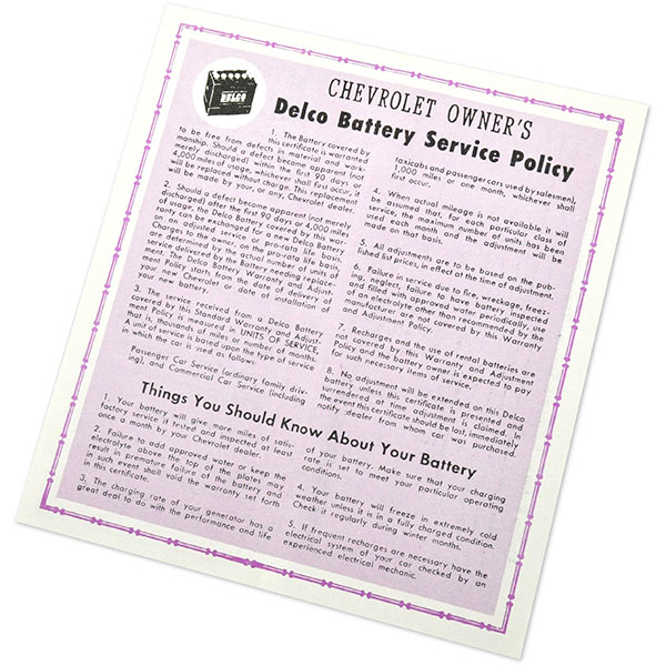 1960 Chevrolet Impala/Caprice/Bel Air DELCO BATTERY WARRANTY & ADJUSTMENT SERVICE POLICY EACH | DC0082