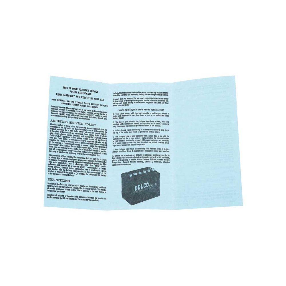 1963 Chevrolet Impala/Caprice/Bel Air DC0694 DELCO BATTERY OWNERS CERT | DC2092P