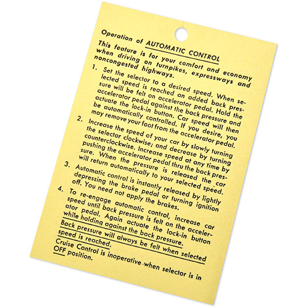 1965 Chevrolet Impala/Caprice/Bel Air CRUISE CONTROL INSTRUCTION TAG 59B-00076 EACH | DC0542