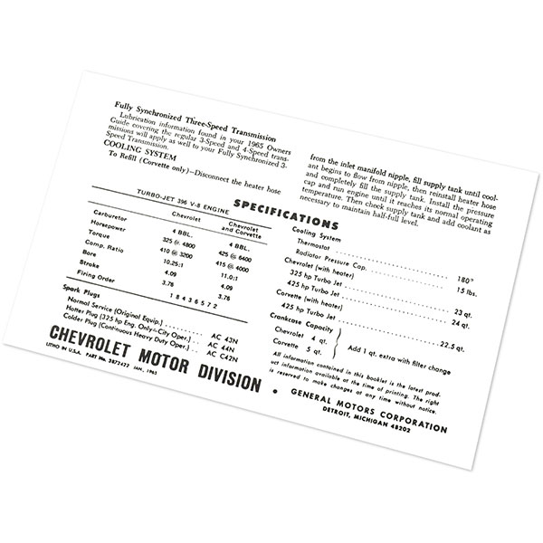 1965 Chevrolet Impala/Caprice/Bel Air CHEVY 396 ENGINE OPERATING INSTRUCTIONS 3872422 EACH | DC0100