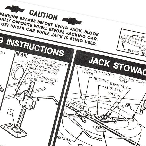1961 Chevrolet Impala/Caprice/Bel Air JACK INSTRUCTION CHEVY SEDAN / CONVERTIBLE / HARDTOP 3782520 EACH | DC0161