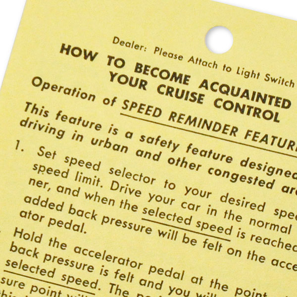 1967 Chevrolet El Camino CRUISE CONTROL INSTRUCTION TAG DC0408 | DC0408