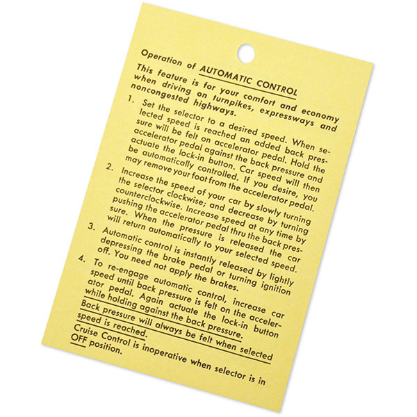 1965 Chevrolet Chevelle/Malibu CRUISE CONTROL INSTRUCTION TAG DC0408 | DC0408