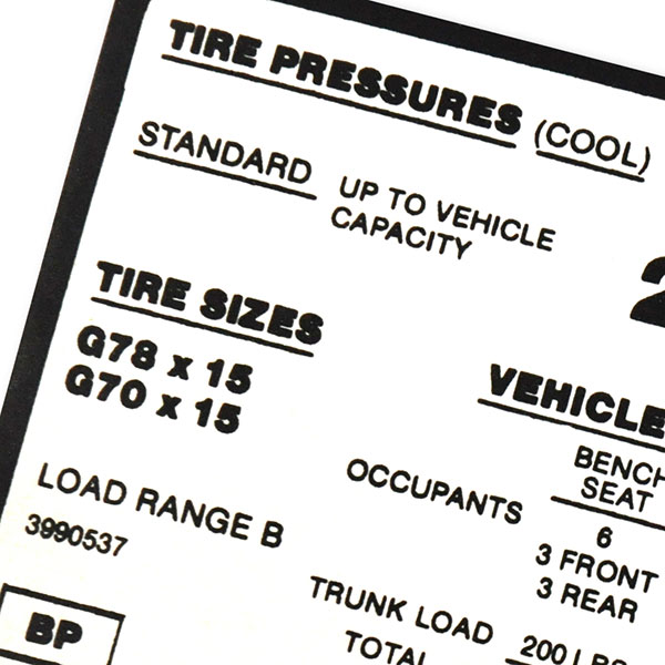 1971 Chevrolet Monte Carlo TIRE PRESSURE DECAL G78X15 GR70X15 GM BP 3990537 EACH | DC0624