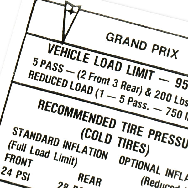 1969 Pontiac Grand Prix 69-UP TIRE PRESSURE DECAL GRAND PRIX EACH | DT0350