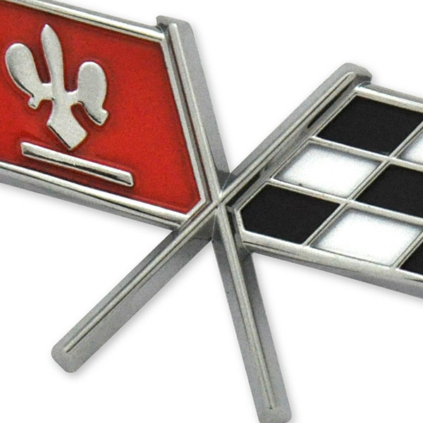 1979 Chevrolet Corvette GAS DOOR EMBLEM GM 471295 CROSSFLAGS (SHOW QUALITY WITH 2 POSTS ON BACK) BRIGHT RED | EM1002O