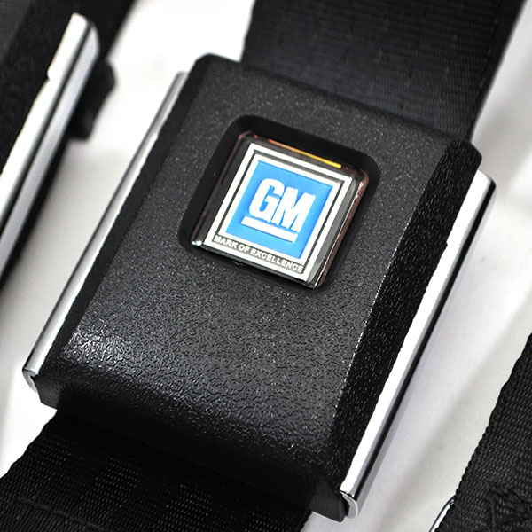 1967 Pontiac Firebird/TransAm RETRO STYLE BLACK TEXTURED PLASTIC AND STAINLESS BUCKLE WITH BLUE GM MARK OF EXCELLENCE BUTTON SEAT BELT SET (2 FRONT RETRACTORS AND 3 REAR LAP BELTS) BLACK | IN1231F