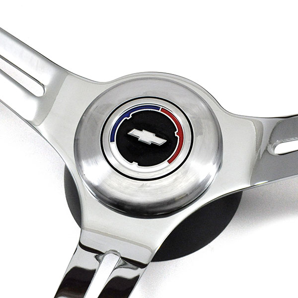 1966 Chevrolet El Camino AFTERMARKET STEERING WHEEL (DARK BLACK WOOD WHEEL WITH CHROME SPOKES, 14'' OUTSIDE DIAMETER) - INCLUDES: BRUSHED SILVER CHEVY BOWTIE CENTER CAP, FLAT TOP SMALL DIAMETER HUB, HORN CONTACT - SOLD AS KIT | ST1000C
