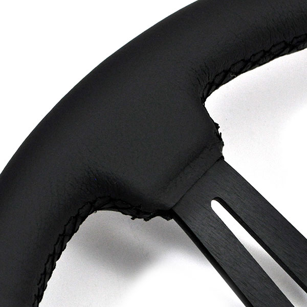 1966 Chevrolet Corvette AFTERMARKET STEERING WHEEL (BLACK LEATHER WHEEL WITH BLACK ANODIZED SPOKES, 14'' OUTSIDE DIAMETER) - INCLUDES: BRUSHED SILVER CHEVY BOWTIE CENTER CAP, FLAT TOP SMALL DIAMETER HUB W/ NOTCH, HORN CONTACT - SOLD AS KIT | ST1006C