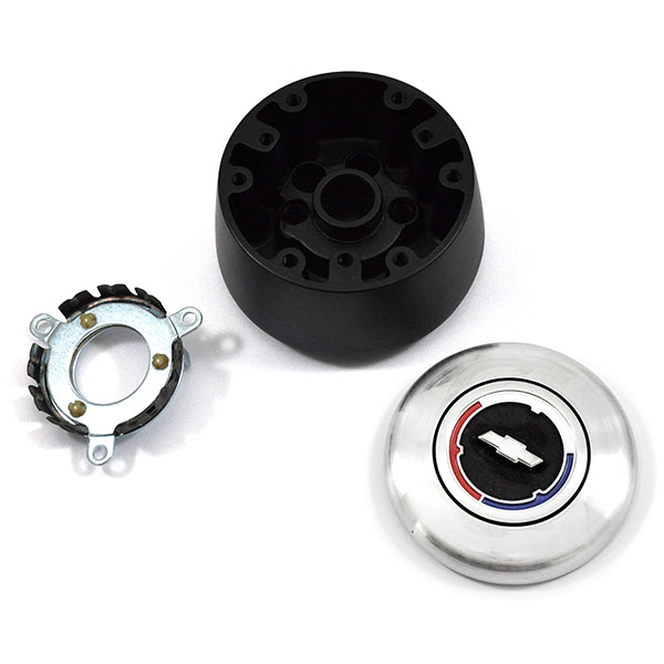1965 Chevrolet Corvette AFTERMARKET STEERING WHEEL (WOOD WHEEL WITH BLACK ANODIZED SPOKES, 14'' OUTSIDE DIAMETER) - INCLUDES: BRUSHED SILVER BOWTIE CENTER CAP, FLAT TOP SMALL DIAMETER HUB, HORN CONTACT - SOLD AS A KIT | ST7094C
