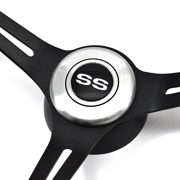 1964 Chevrolet Chevelle/Malibu AFTERMARKET STEERING WHEEL (DARK BLACK WOOD WHEEL WITH BLACK ANODIZED SPOKES, 14'' OUTSIDE DIAMETER) - INCLUDES BRUSHED SILVER 