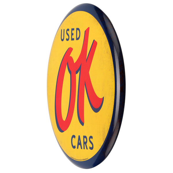 Used OK Cars High-Gloss Tin Button Sign 12