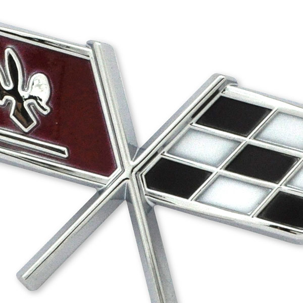 1977 Chevrolet Corvette GAS DOOR EMBLEM GM 379935 CROSSFLAGS (SHOW QUALITY WITH 2 POSTS ON BACK) RED | 379935