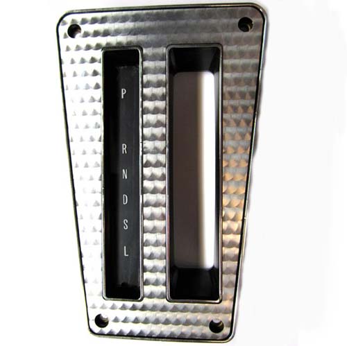 1972 Pontiac Firebird/TransAm AUTO CONSOLE SHIFT PLATE IN SILVER WITH CHROME EDGING (ENGINE TURNED FINISH WITH SHIFT INDICATORS GM PART # 480730) | CP10493F