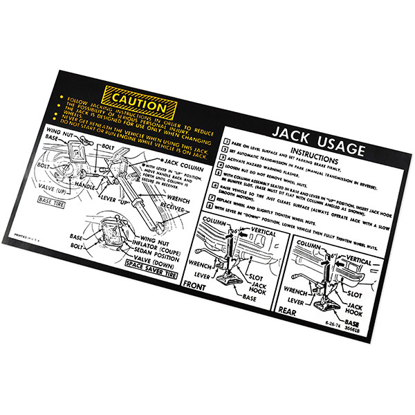 1975 Chevrolet Nova/Chevy II JACK INSTRUCTION REG/SPACE DECAL GM 356618 EACH | DC0534