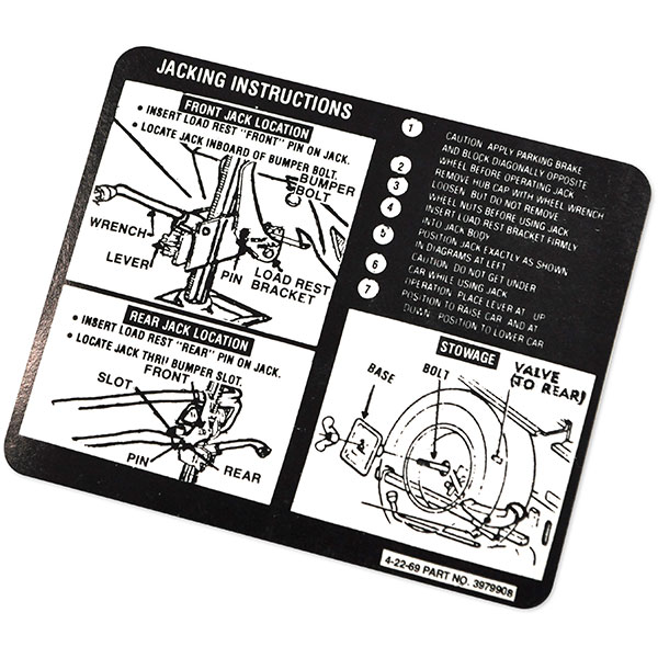 1970 Chevrolet El Camino JACK INSTRUCTION DECAL GM 3979908 EACH | DC0536