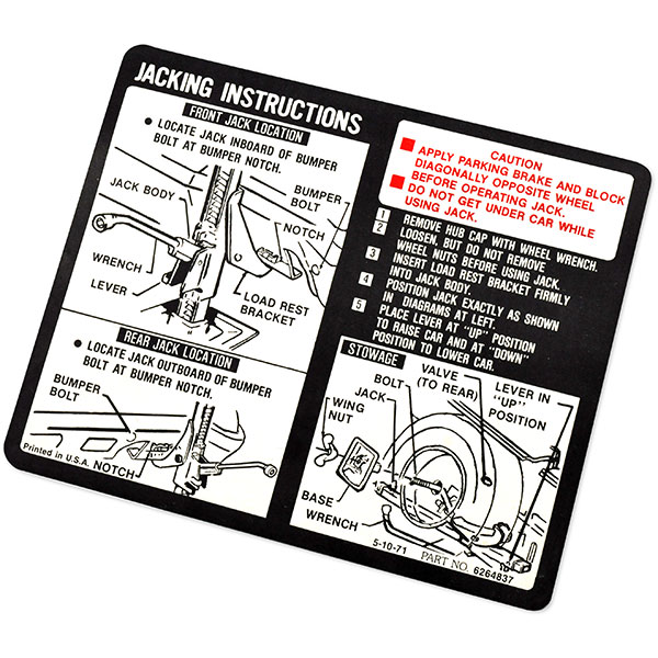 1972 Chevrolet El Camino JACK INSTRUCTION DECAL 6264837 EACH | DC0619