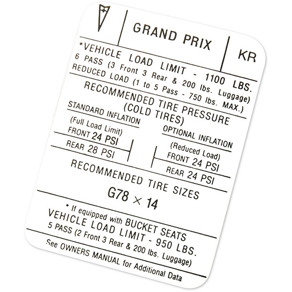 1971 Pontiac Grand Prix 69-UP TIRE PRESSURE DECAL KR EACH | DT0203