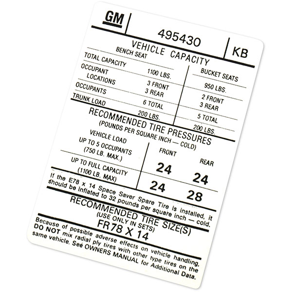 1974 Pontiac GTO/LeMans/Tempest TIRE PRESSURE DECAL KB 495430 EACH | DT0223