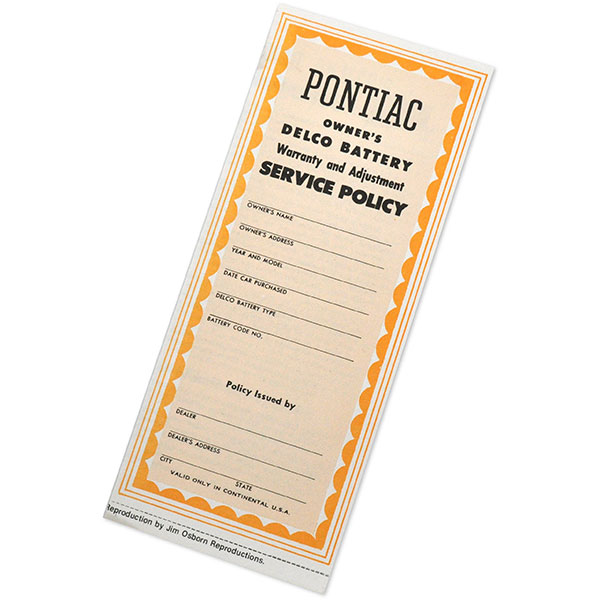 1938 Pontiac Full Size PONTIAC OWNERS DELCO BATTERY WARRANTY AND ADJUSTMENT SERVICE POLICY EA | DT0270