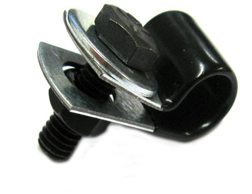 1972 Oldsmobile Cutlass/442/F85 NEGATIVE BATTERY CABLE CLAMP (TO POWER STEERING BRACKET) - NEGATIVE BATTERY CABLE CLAMP TO LOWER POWER STEERING BRACKET. THIS KIT INCLUDES THE CORRECT RUBBER COATED CLAMP, BLACK OXIDE BOLT, NUT, AND SILVER WASHER. IT IS USED ON ALL 350 / 400 AND 455 CARS WITH POWER STEERING | EN11264T