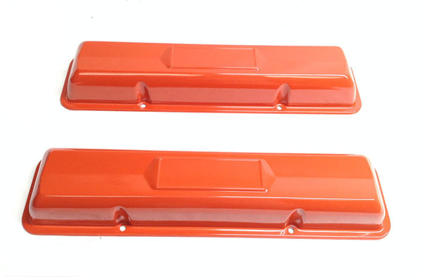 1970 Chevrolet Monte Carlo VALVE COVERS SMALL BLOCK WITH CENTER DECAL INDENT, NO FILL HOLES (PAINTED ORANGE) - PR | EN2556Z