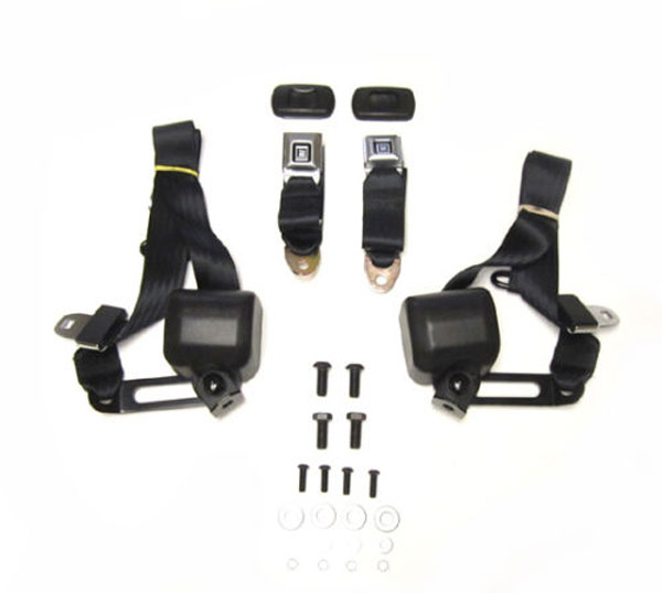 1970 Chevrolet Nova/Chevy II 3-POINT RETRACTABLE STYLE FRONT SEAT BELTS WITH GM PUSH BUTTON FOR BENCH SEAT (WILL NOT WORK FOR 1973 FACTORY ROOF MOUNT RETRACTORS) BLACK - PR | IN12435N