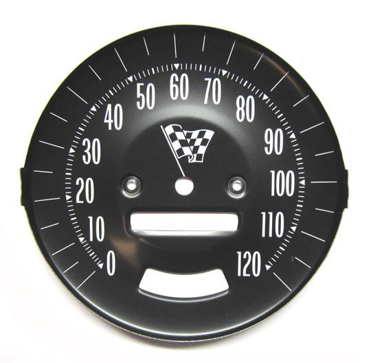 1965 Pontiac GTO/LeMans/Tempest SPEEDOMETER FACE ONLY; FACE WITH FLAG; (BLACK); FOR CAR WITH RALLY GAUGES; (OEM STEEL) | IN12788G