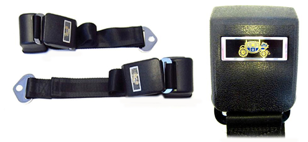1964 Pontiac GTO/LeMans/Tempest NEW FRONT STANDARD RETRACTABLE SEAT BELTS (BLACK WITH CARRIAGE EMBLEM) - PAIR | IN12859Z