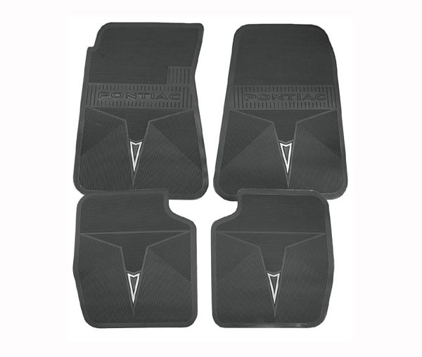 1968 Pontiac Gto Lemans Tempest Factory Style Floor Mats Rubber Set With Molded Into The Front And A Silver Arrowhead On Each Mat Black Parts In2864g