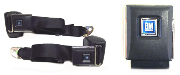 1972 Buick Skylark/GS/Regal/GN FRONT SEAT BELT SET WITH RETRACTORS (BLACK WITH TEXTURED PLASTIC & STAINLESS BUCKLE WITH BLUE GM MARK OF EXCELLENCE BUTTONS - 101FBLU) - PAIR | IN6462Z
