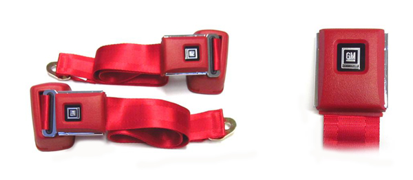 1972 Pontiac GTO/LeMans/Tempest FRONT SEAT BELT SET WITH RETRACTORS (RED WITH TEXTURED PLASTIC & STAINLESS BUCKLE WITH BLACK GM MARK OF EXCELLENCE BUTTONS - 104FBLK) - PAIR | IN6466Z