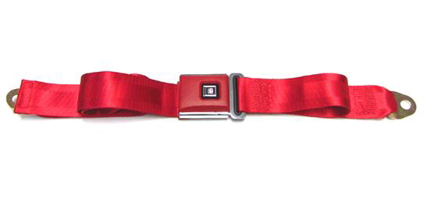 1970 Pontiac GTO/LeMans/Tempest GM LAP SEAT BELT (RED WITH RED TEXTURED PLASTIC & STAINLESS BUCKLE WITH BLACK GM MARK OF EXCELLENCE BUTTON - 104LBLK) - EACH | IN6467Z