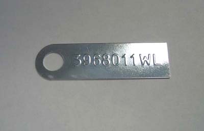 1971 Pontiac Firebird/TransAm MANUAL TRANSMISSION TAG (3968011WL) - FOR MODELS EQUIPPED WITH AN M-21.THE PART NUMBER IS STAMPED FROM THE BACKSIDE; THE RAISED ID NUMBER ON THE FRONT READS 3968011WL | MT5108F