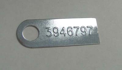 1969 Chevrolet Chevelle/Malibu MANUAL TRANSMISSION TAG (3946797) - FOR L78 EQUIPPED WITH AN M-20.  THE PART NUMBER IS STAMPED FROM THE BACKSIDE; THE RAISED ID NUMBER ON THE FRONT READS 3946797 | MT6282Z