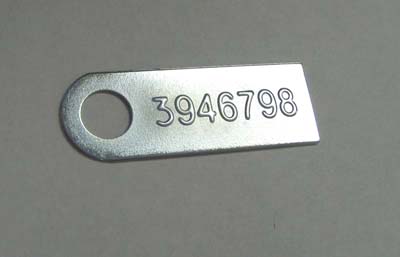 1969 Chevrolet Chevelle/Malibu MANUAL TRANSMISSION TAG (3946798) - FOR L78 OR Z-28 EQUIPPED WITH AN M-21.  THE PART NUMBER IS STAMPED FROM THE BACKSIDE; THE RAISED ID NUMBER ON THE FRONT READS 3946798 | MT6347Z