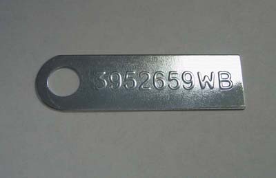 1970 Chevrolet Chevelle/Malibu MANUAL TRANSMISSION TAG (3952659WB) - FOR MODELS EQUIPPED WITH AN M-20.  THE PART NUMBER IS STAMPED FROM THE BACKSIDE; THE RAISED ID NUMBER ON THE FRONT READS 3952659WB | MT6554V