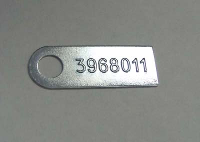 1970 Chevrolet Chevelle/Malibu MANUAL TRANSMISSION TAG (3968011) - FOR MODELS EQUIPPED WITH AN M-21. THE PART NUMBER IS STAMPED FROM THE BACKSIDE; THE RAISED ID NUMBER ON THE FRONT READS 3968011 | MT7488V