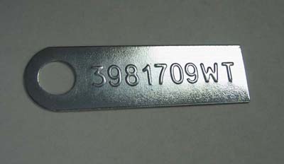 1971 Pontiac GTO/LeMans/Tempest MANUAL TRANSMISSION TAG (3981709WT) - FOR MODELS EQUIPPED WITH AN M-20.  THE PART NUMBER IS STAMPED FROM THE BACKSIDE; THE RAISED ID NUMBER ON THE FRONT READS 39817709WT | MT9228Z