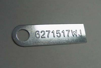 1972 Chevrolet Monte Carlo MANUAL TRANSMISSION TAG (6271517WJ) - FOR MODELS EQUIPPED WITH AN M-21.  THE PART NUMBER IS STAMPED FROM THE BACKSIDE; THE RAISED ID NUMBER ON THE FRONT READS 6271517WJ | MT9812Z