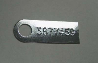 1967 Chevrolet Chevelle/Malibu MANUAL TRANSMISSION TAG (3877459) - FOR MODELS EQUIPPED WITH AN M-21.  THE PART NUMBER IS STAMPED FROM THE BACKSIDE; THE RAISED ID NUMBER ON THE FRONT READS 3877459 | MT9992V