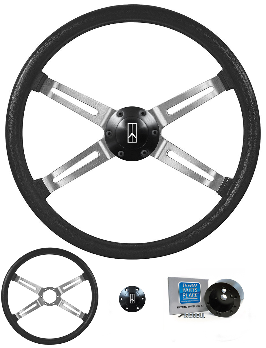 1973 Oldsmobile Cutlass/442/F85 4-SPOKE RALLY STEERING WHEEL KIT WITH SPECIAL HORN CAP BLACK GRIP WITH BRUSHED SPOKES | ST10041T