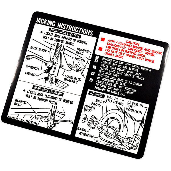 1971 Chevrolet El Camino JACK INSTRUCTIONS DECAL (DC0430) | DC0430