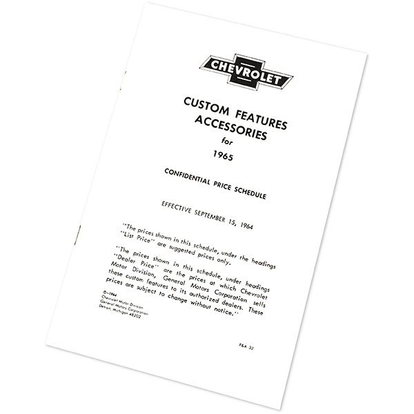 1965 Chevrolet Chevelle/Malibu NEW VEHICLE CUSTOM FEATURES ACCESSORIES PRICE LIST - 19 PAGE BROCHURE | DC0515
