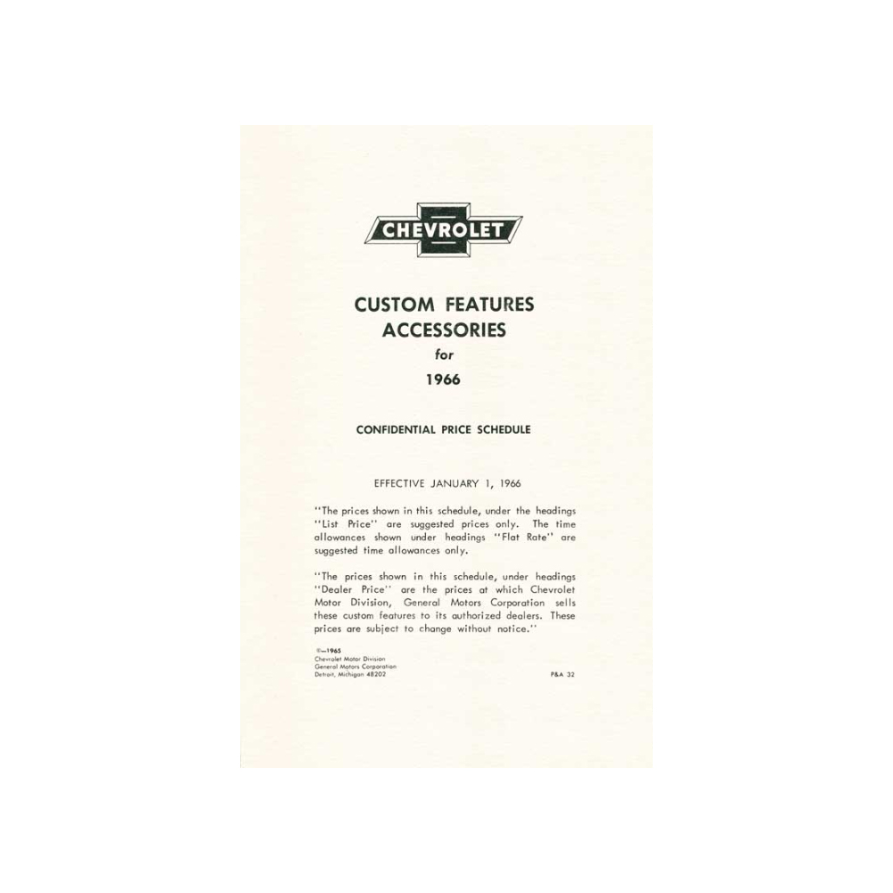 1966 Chevrolet Chevelle/Malibu NEW VEHICLE CUSTOM FEATURES ACCESSORIES PRICE LIST - 28 PAGE BROCHURE | DC0512