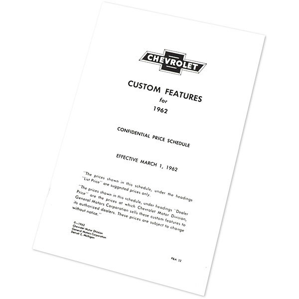 1962 Chevrolet Nova/Chevy II CUSTOM FEATURES ACCESSORY PRICE LIST P&A 32 EACH | DC0172