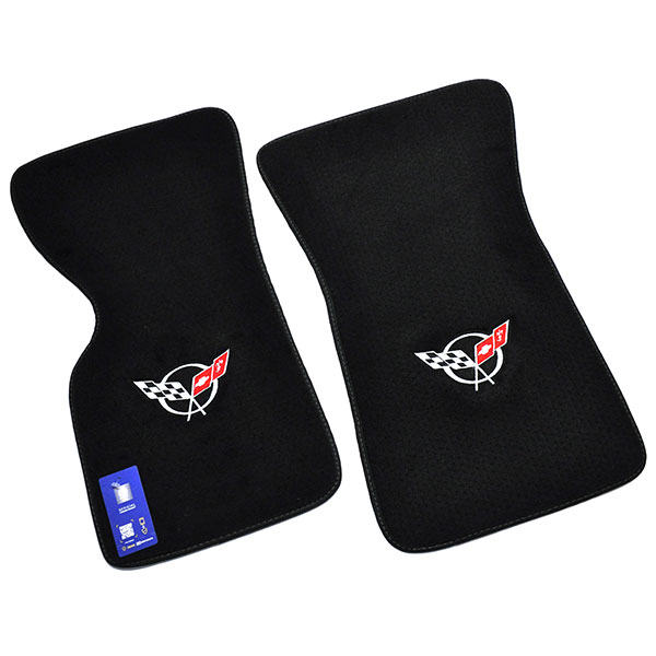 1982 Chevrolet Corvette FLOOR MATS PLUSH STYLE CARPET BLACK WITH EMBROIDERED CORVETTE LOGO â€“ 2PC SET | IN1131O